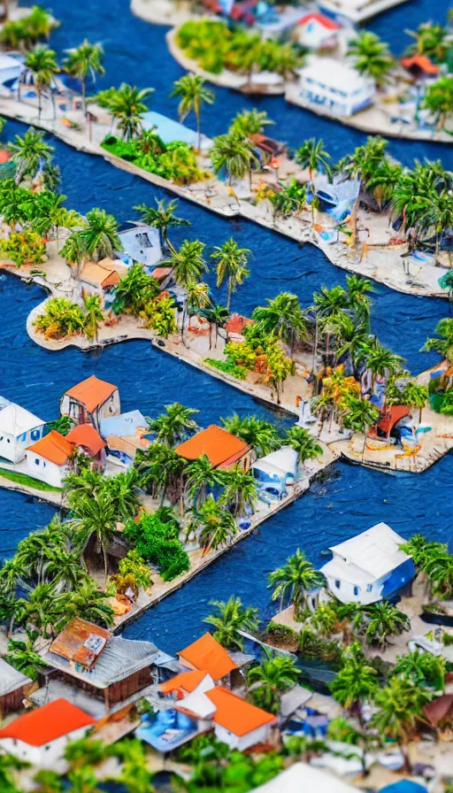 Image similar to fishing village, palm trees, stormy water, isometric view, tilt shift, highly detailed, hyper realistic, 1 0 0 mm