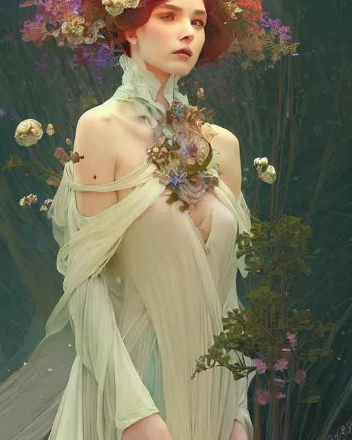 Prompt: Ethereal Floralpunk elysian Maiden of radiant light wearing ivory dress made of stardust masterpiece digital illustration by Ruan Jia and Ilya Kuvshinov, award winning, Artstation, art nouveau aesthetic, Alphonse Mucha background, intricate details, realistic, full view, Hyperdetailed, 8k resolution, Artstation, behance