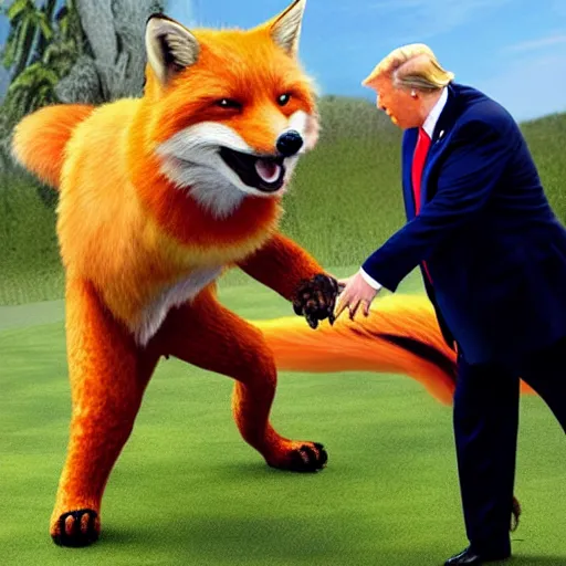 Image similar to donald trump fighting a giant fox - lizard