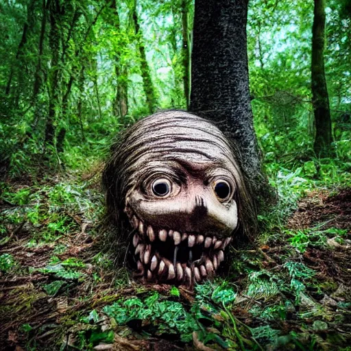 Image similar to a creepy creature in a forest, hiding behind trees