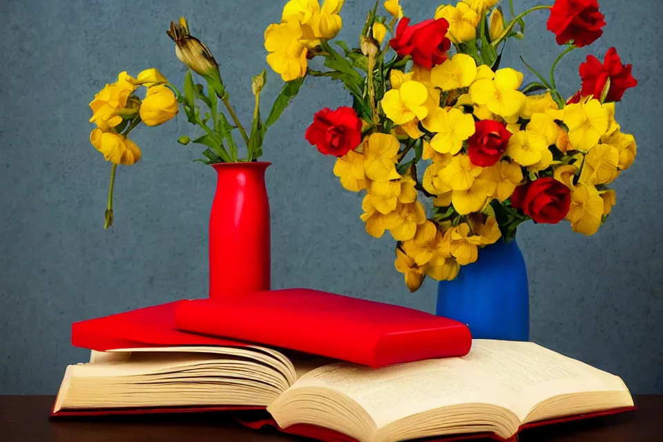 Image similar to red book and yellow vase with blue flowers, photo