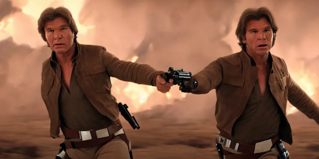 Prompt: han solo with harrison fords face 1 9 8 3, motion blur runs through massive battlefront, mcu style, explosions, fire, real life, spotted, ultra realistic face, 4 k, movie still, uhd, sharp, detailed, cinematic, render, modern, accurate face