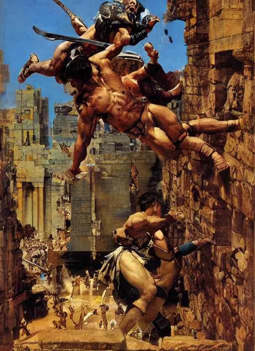 Prompt: jocko willink as huge warrior fighting godlike at the walls of troy, dynamic action science fiction, by john berkey and lawrence alma tadema and rick berry and norman rockwell and jack kirby
