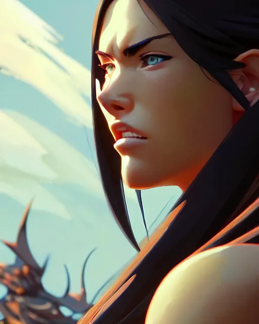 Image similar to azctec warrior, megan fox, detailed perfect face, exquisite details, fire magic, mid view, design on a white background, by studio muti, greg rutkowski makoto shinkai takashi takeuchi studio ghibli