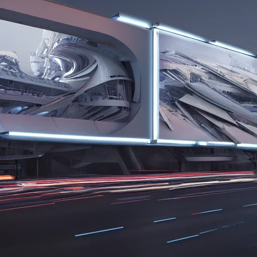 Image similar to sci-fi cars in center and wall near structure on the coronation of napoleon painting and digital billboard in the middle and everything in style of zaha hadid and suprematism forms, unreal engine 5, keyshot, octane, artstation trending, ultra high detail, ultra photo realistic, 8k, 16k, in plastic, dark, tilt shift,