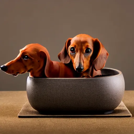 Prompt: Professional photograph of a deformed dachshund growing in a bonsai pot