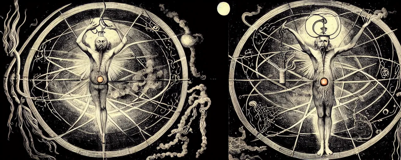 Image similar to a strange alchemical homunculus sings a unique canto about'as above so below'to the cosmos, while being ignited by the spirit of haeckel and robert fludd, breakthrough is iminent, glory be to the magic within, in honor of saturn, painted by ronny khalil