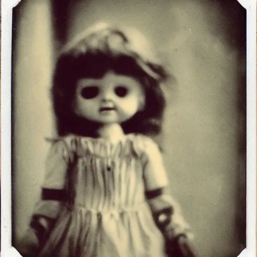 Image similar to a very beautiful old polaroid picture of a creepy doll in a barn, award winning photography