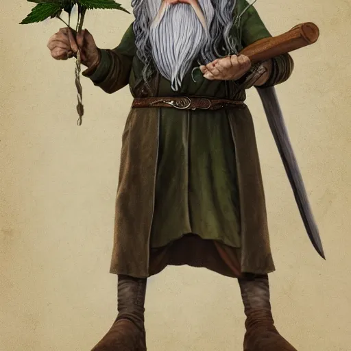 Image similar to Gandalf from the hobbit holding a marijuana plant, amazing digital art, trending on artstation, highly detailed