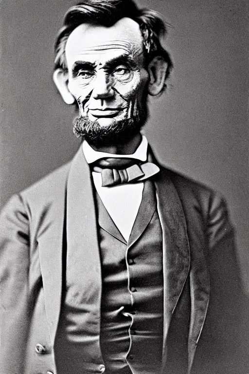 Prompt: Abraham Lincoln !!happy and !!grinning, smiling, joyous, toothy grin, showing teeth, portrait, full body, symmetrical features, silver iodide, 1880 photograph, sepia tone, aged paper, Sergio Leone, Master Prime lenses, cinematic