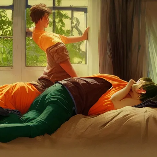 Prompt: guinness bottles and young man in orange shirt and a girl in green shirt sleeping in bed, highly detailed, digital painting, artstation, concept art, smooth, sharp focus, illustration, art by artgerm and greg rutkowski and alphonse mucha