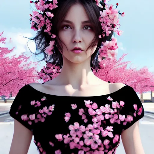 Image similar to beautiful girl in a dress made of black roses and cherry blossoms, beautiful portrait, symmetrical, character concept style trending on artstation concept art detailed octane render cinematic photo - realistic 8 k high detailed