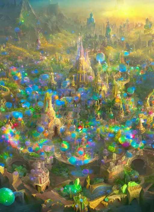 Image similar to foam priest and his bubble kingdom, unique landscape, highly detailed, flying buildings, colorful, palace, bubble trees, cinematic lighting, artstation, intricate, masterpiece, art by maria panfilova and dylan kowalski and huifeng huang