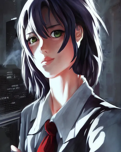 Image similar to portrait Anime 1940s Detective smoking, cyberpunk, high detail of the face, high detail, high modernization, artgerm, realistic shaded lighting