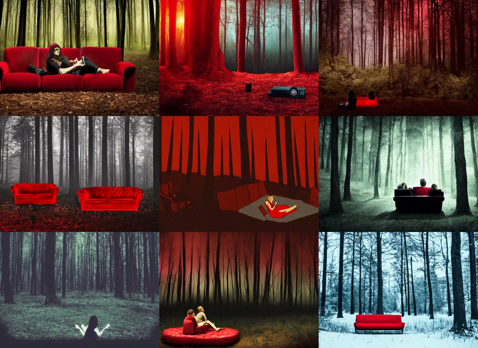 Prompt: watching movies in the middle of a dark forest, sitting on a red couch, ominous, highly detailed