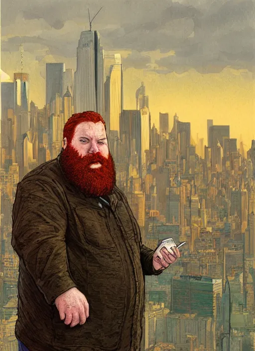 Image similar to a fat redheaded man with beard talking on a cell phone manhattan skyline in the background, intricate, elegant, highly detailed, centered, digital painting, artstation, concept art, smooth, sharp focus, illustration, art by james gurney and donato giancola and Joseph Christian Leyendecker