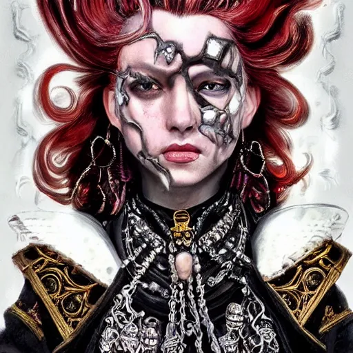 Image similar to portrait, headshot, insanely nice hair style, dramatic hair color, digital painting, of a old 17th century, old cyborg lawyer, Ruby's and Diamonds, black pearls, baroque, ornate clothing, scifi, realistic, hyperdetailed, chiaroscuro, concept art, art by Franz Hals and Jon Foster and Ayami Kojima and Amano and Karol Bak,