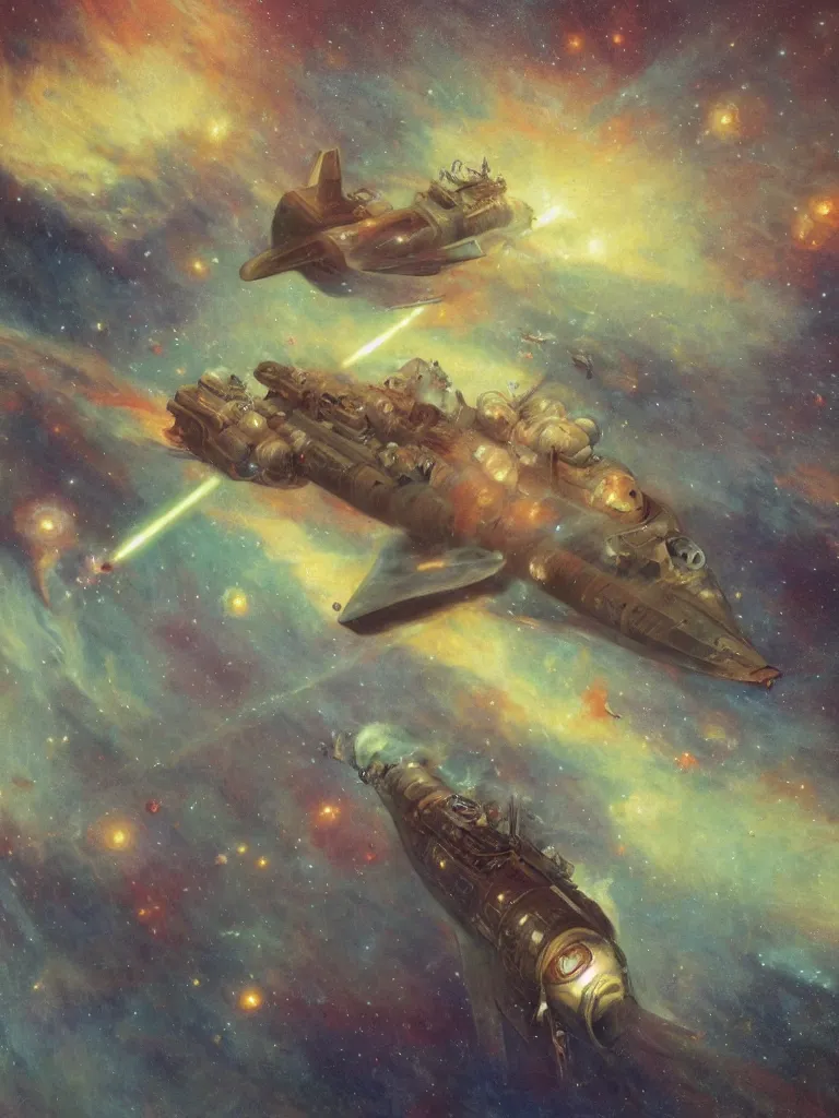 Prompt: single World War II battleship going to lightspeed in a nebula, by Mucha, trending on ArtStation