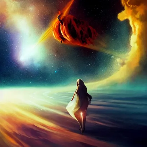 Prompt: the elegance of life, contrasting colors, cinematic, a simple textured vector based illustration, extraordinary lighting, two souls departing a nebula and are headed for earth, critical detail, atmospheric dreamscape painting, digital art, wlop by ( jeremiah ketner and leonardo da vinci and greg rutkowski ), sharp focus