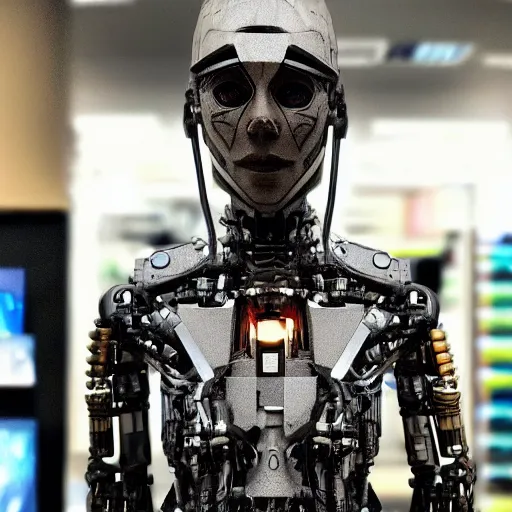 Image similar to photo of a human cyborg!! in sale, in a store display, hiding a dark secret, highly detailed face, cyberpunk, year 3022, !!!medium full shot!!!, depth of field, ISO 300, aperture f11, 1/100 obturation speed