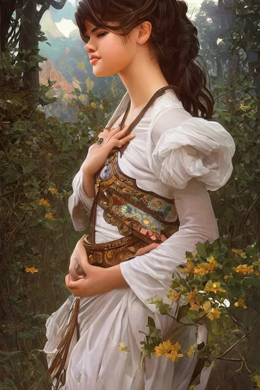 Prompt: very beautiful cottagecore selena gomez!!, intricate, stunning, highly detailed, digital painting, artstation, concept art, smooth, sharp, focus, illustration, art by artgerm and greg rutkowski and alphonse mucha