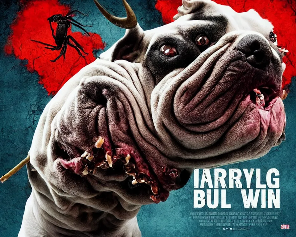 Image similar to a horror movie poster featuring a scary bull dog chewing on a wasp