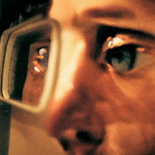 Prompt: reflection of a man on the face of a robot, movie still, By Andrzej Zulawski