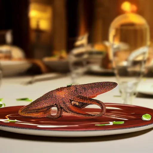 Image similar to a squid in the middle of a dinner table, there are plates setup, realistic hd photo