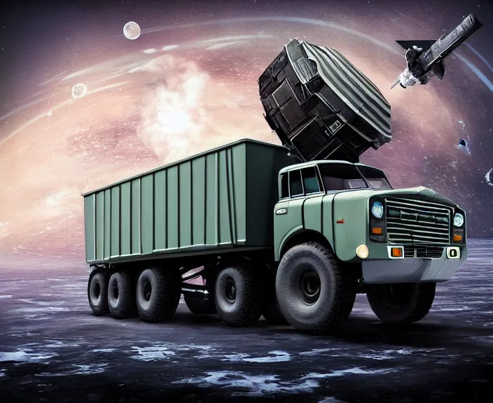 Image similar to russian truck zil - 1 3 0 fly in space in orbit of the planet earth, hyper detailed, hight detailed, futuristic, ultra realistic, cyberpunk, steampunk, no blur, 8 k