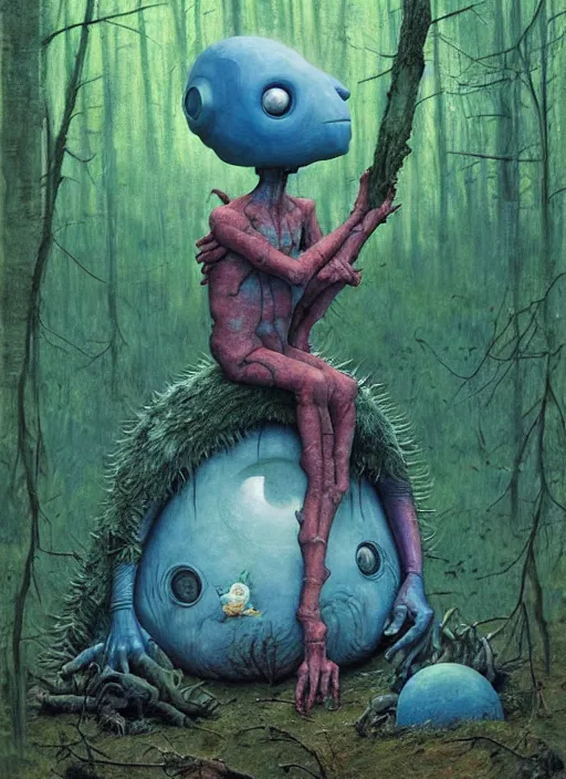 Image similar to cuddly friendly alien in the woods by a river gorgeous lighting, lush forest foliage blue sky a hyper realistic painting by chiara bautista and beksinski and norman rockwell and greg rutkowski, weta studio, and lucasfilm