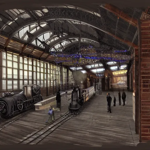 Prompt: realistic digital painting of a steampunk train station, Victorian, futuristic