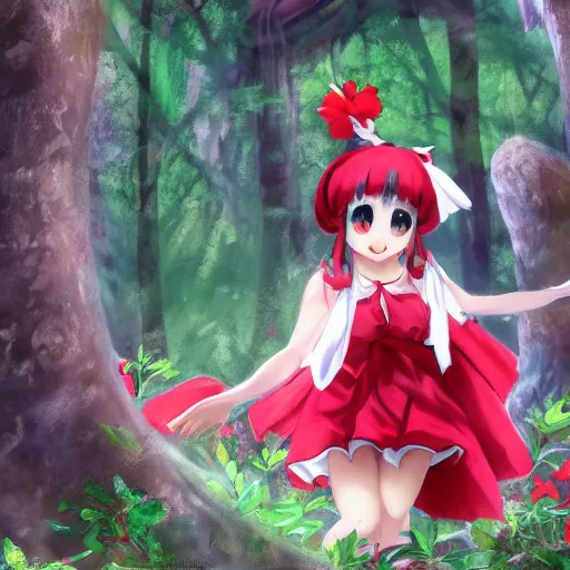 Image similar to a wlop of reimu in the jungle wearing bonnet