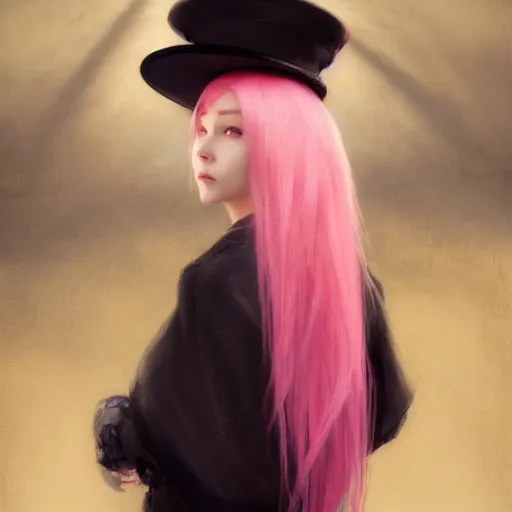 Prompt: a photorealistic dramatic fantasy render of a pink coloured haired young girl with a black wool hat on her head by wlop, artgerm, greg rutkowski, alphonse mucha, beautiful dynamic dramatic dark moody lighting, shadows, cinematic atmosphere, artstation, concept design art, octane render, 8 k