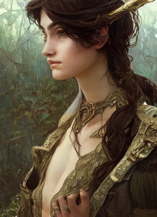 Prompt: intricate detailed portrait painting of a male fantasy ranger, old mystic ruins, afternoon, intricate, elegant, highly detailed, digital painting, sharp, focus, illustration art by artgerm and greg rutkowski and alphonse mucha