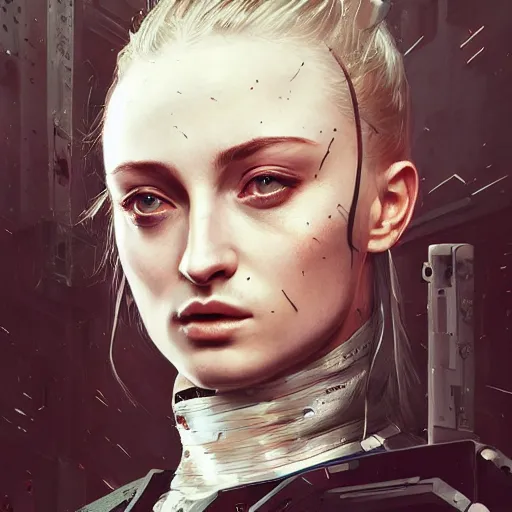 Image similar to sophie turner, streetwear techwear cyberpunk style outfit, parial mask, detailed portrait, intricate complexity, by greg rutkowski, cushart krentz, artgerm, ross tran, conrad roset, takato yomamoto, ilya kuvshinov. 4 k, beautiful, cinematic dramatic atmosphere, portrait lighting