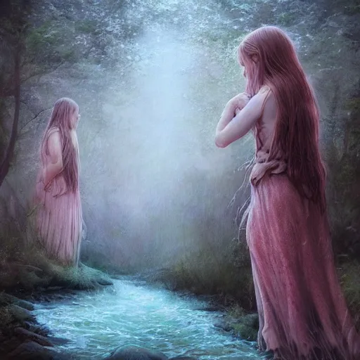 Image similar to girls in a fantasy river by leesha hannigan, fantasy, artwork, digital art, detailed faces