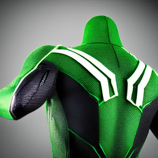 Image similar to green spider - man suit with black web lining, cinematic, volumetric lighting, realistic, hyperdetailed, photorealistic, photograph