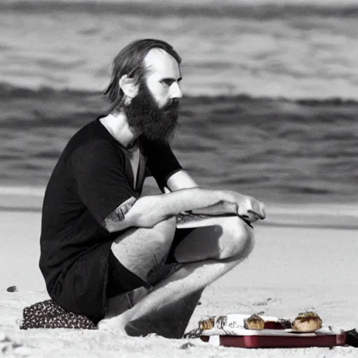 Prompt: burzum eating hamburgers on the beach