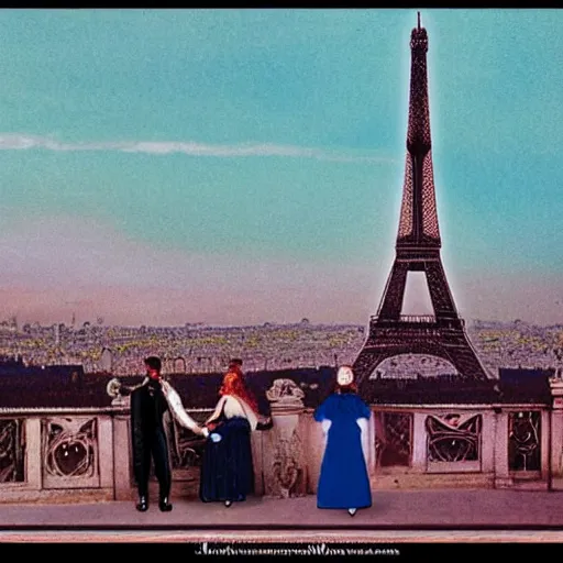 Image similar to synthwave version of 1 9 th century paris, eiffel tower on the background, people wearing glowing victorian clothes