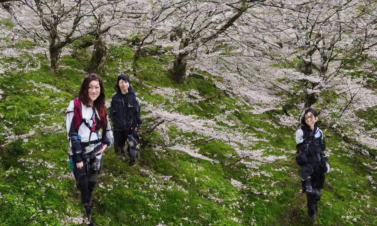 Prompt: biohacker living beyond 200 years, posing on a mountain ridge, lovely cherry trees nearby, studio ghibli style