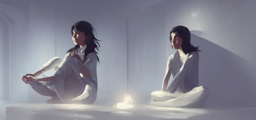 Image similar to Young Himalayan woman sitting concerned in an empty room with loneliness using psychic powers to make a lighter float| night time scene, plain walls |somber white eyes, long messy hair | gentle lighting, futuristic, dim lighting, digital art by Makoto Shinkai ilya kuvshinov and Wojtek Fus, digital art, concept art,