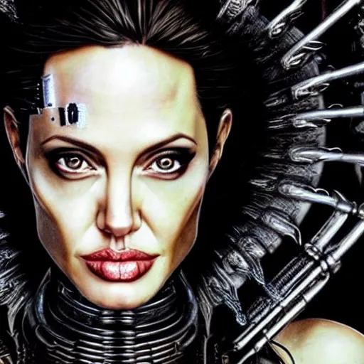 Prompt: promotional beautiful realistic portrait of <Angelina Jolie circa 3000 AD> as <Cyberpunk Shaman> in the new movie directed by <Tetsuya Nomura>, <heavily armored and brandishing sci-fi blaster>, <perfect face>, movie still frame, promotional image, imax 70 mm footage