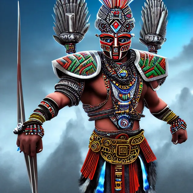 Prompt: futuristic aztec warrior, highly detailed, 4 k, hdr, smooth, sharp focus, high resolution, award - winning photo, illustrated by anne stokes, photorealistic