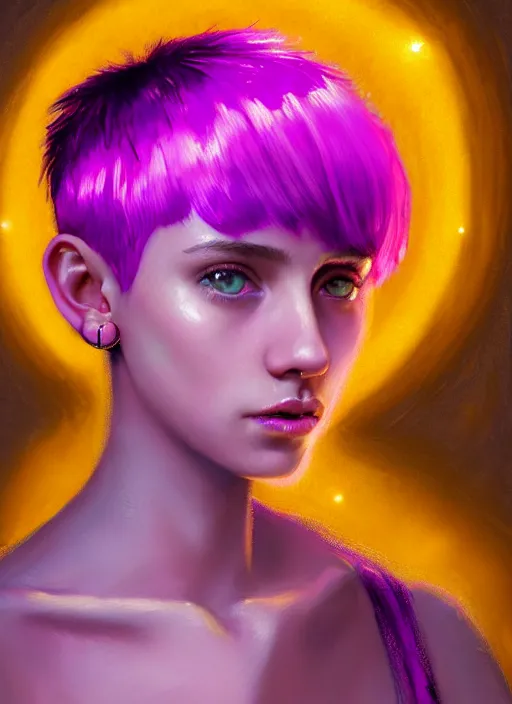 Image similar to portrait of teenage vanessa morgan with bright pink hair, curly pixie cut hair, wearing a purple breton cap, breton cap, hoop earrings, intricate, elegant, glowing lights, highly detailed, digital painting, artstation, concept art, smooth, sharp focus, illustration, art by wlop, mars ravelo and greg rutkowski