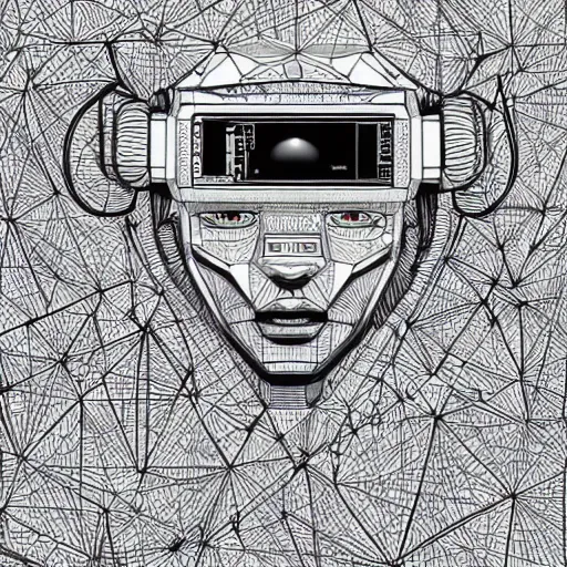 Prompt: Geometrically surreal Artificial Intelligence Robot extremely high detail, photorealistic, intricate line drawings, dotart, album art in the style of James Jean