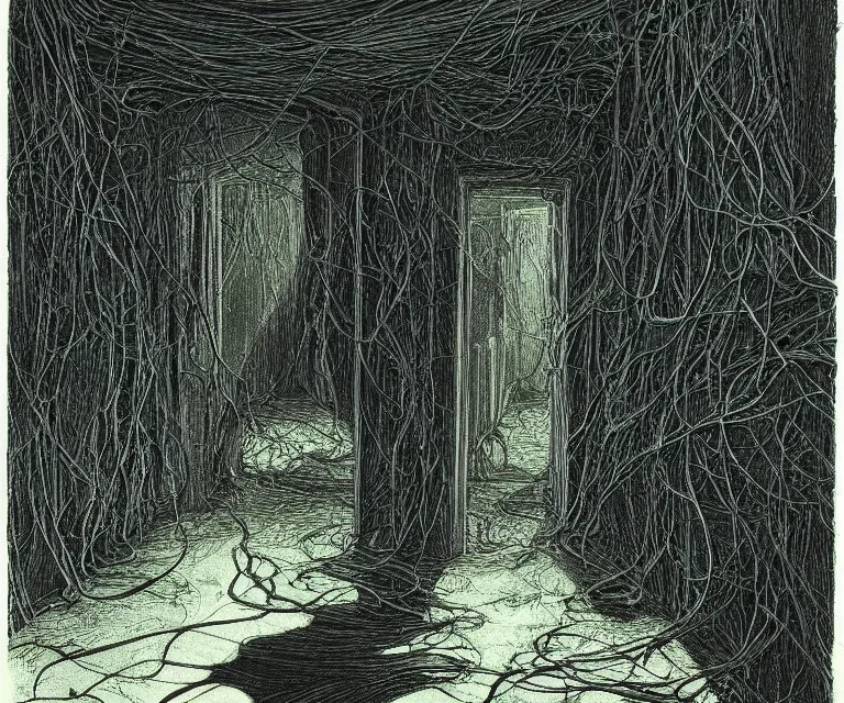 Prompt: in this ominous scene, we see a long twisting corridor leading to a door with light spilling beneath it, a mysterious ghostly figure passes through old wallpaper, art by bernie wrightson, foreboding, creepy, dusty, abandoned, colorful, blue and gold color scheme, masterpiece, vines on the floor, clear silhouette casting a long dark shadow, yellowing wallpaper