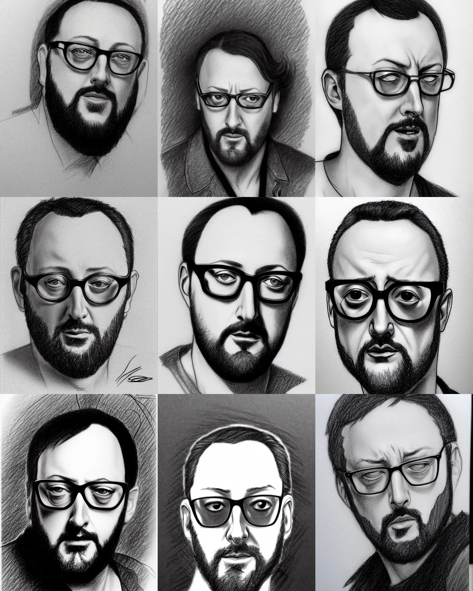 Prompt: j scott campbell!!! pencil sketch by j scott campbell close up headshot of jean reno in lennon glassess in the style of jim lee