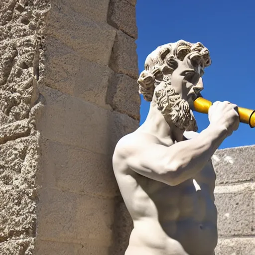 Prompt: greek statue of a man drinking from a hose