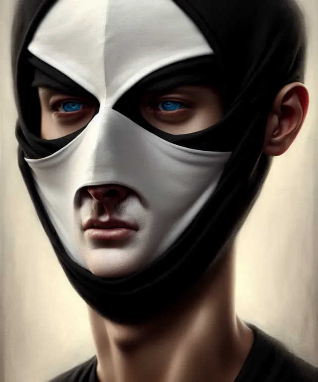 Image similar to white man with black fabric mask, short dark hair, highly detailed face!!!, true anatomy!, extremely detailed!, digital painting, unreal engine 5, art by tom bagshaw