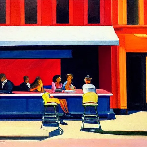 Prompt: a painting of a bar with people sitting inside scrolling on their smartphones in the style of edward hopper